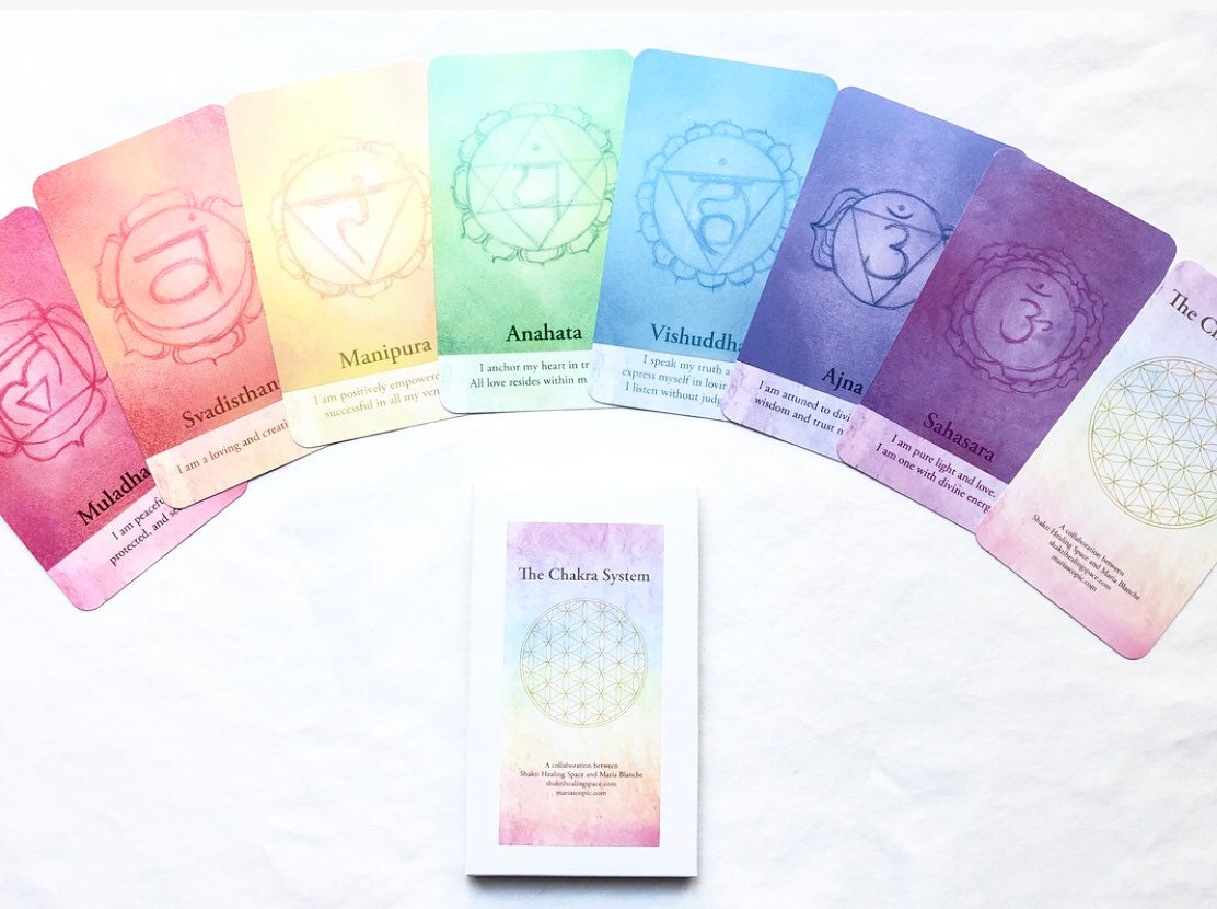 Full chakra card decks with yantras and affirmations.