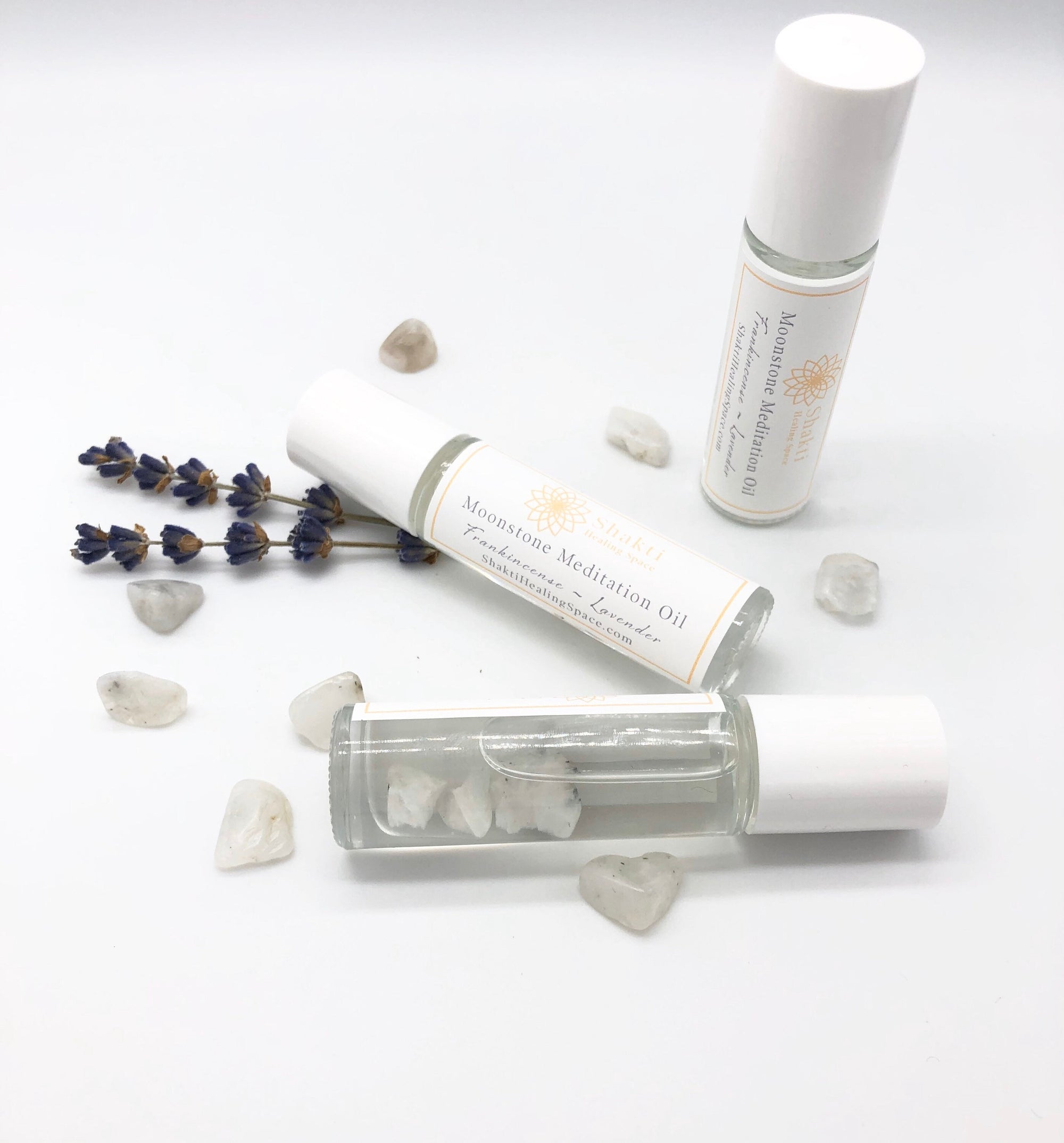 Moonstone chips in essential oil rollers.
