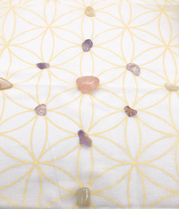 Healing crystals on sacred geometry altar cloth
